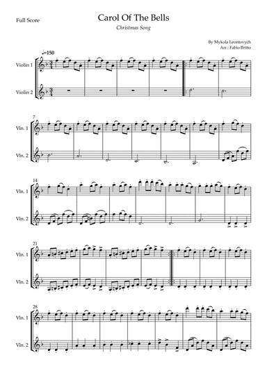 Carol Of The Bells (Christmas Song) for Violin Duo (D Minor) (arr. Fabio Britto)