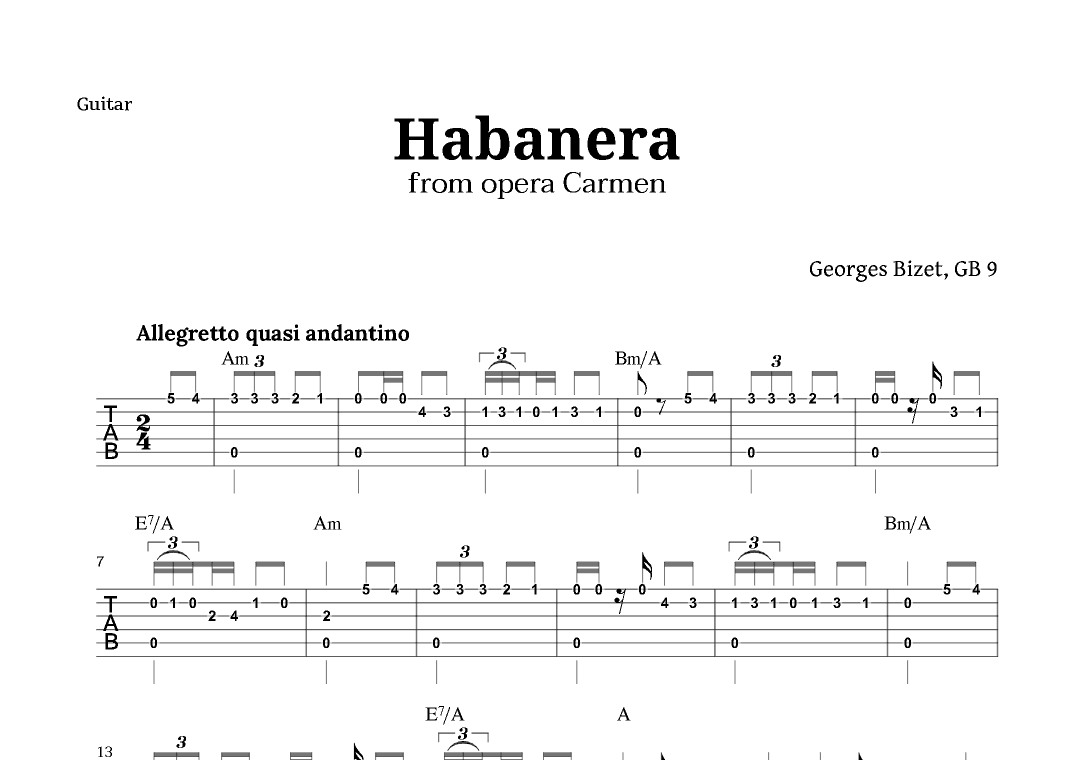 Habanera from Carmen by Bizet for Guitar TAB with Chords (arr. Langanho)