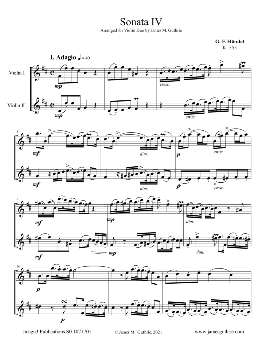 Handel: Sonata No. 4 for Violin Duo (arr. James M. Guthrie)