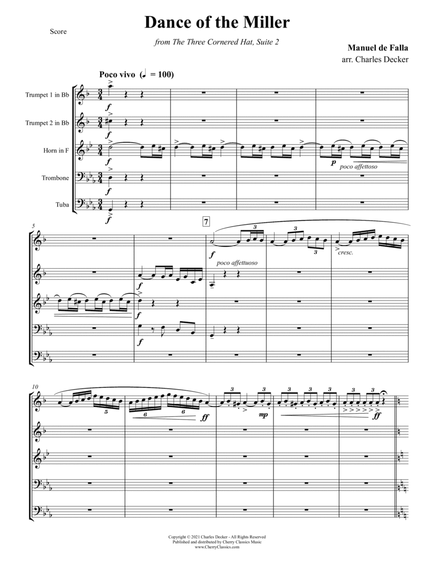 Dance of the Miller from the Three-Cornered Hat Ballet for Brass Quintet (arr. Charles Decker)