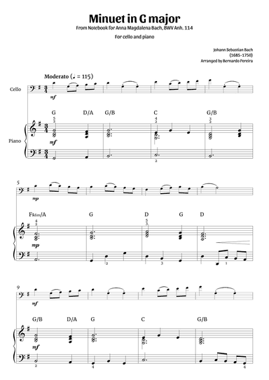 Minuet in G major (cello and piano) (arr. Bernardo Pereira)