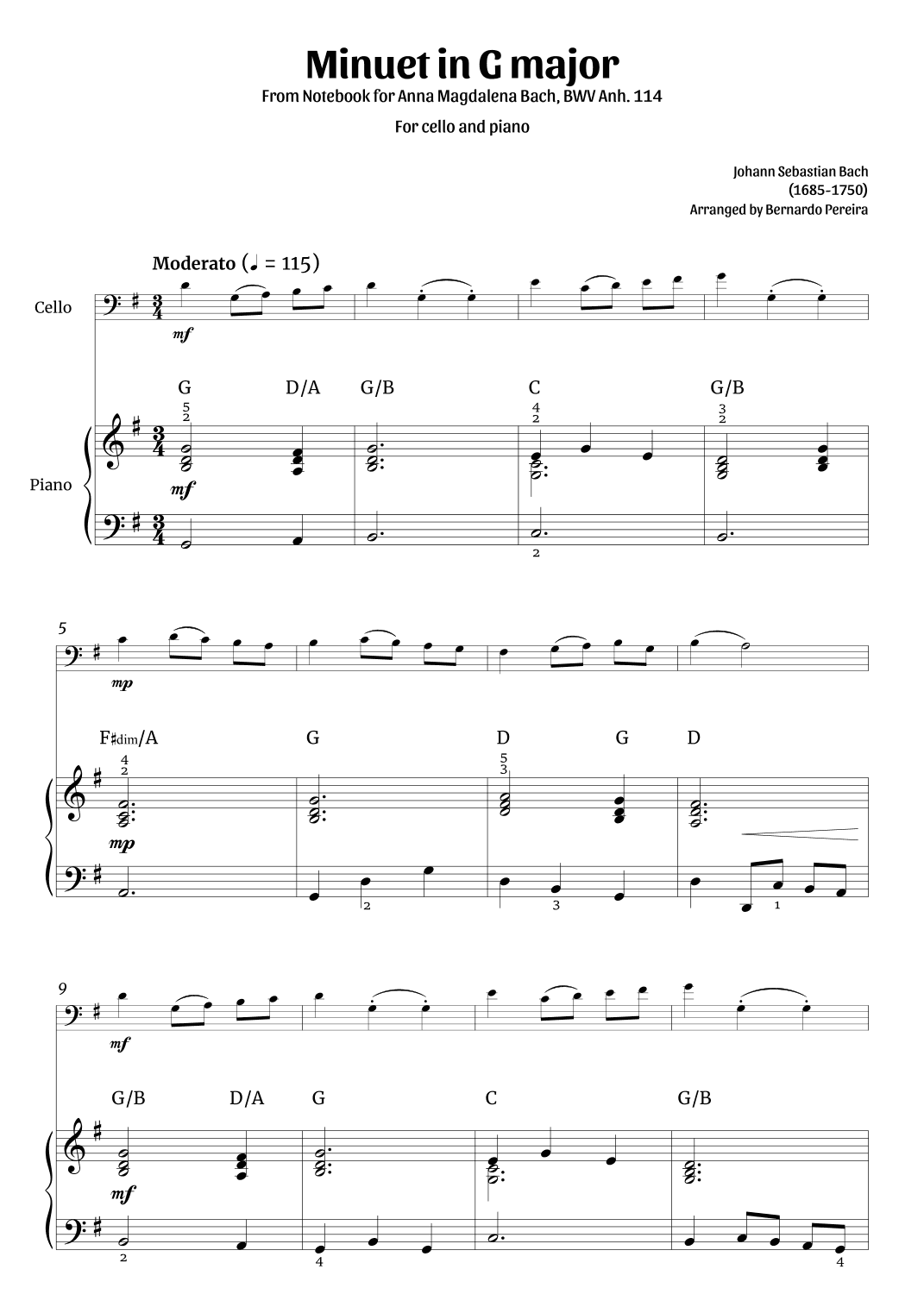 Minuet in G major (cello and piano) (arr. Bernardo Pereira)