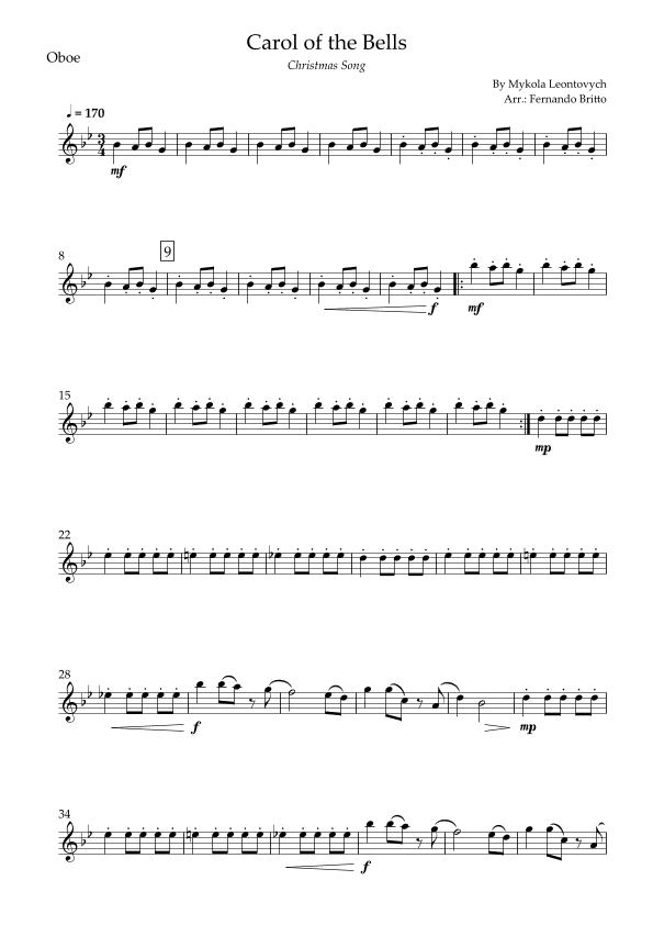 Carol of the Bells in Jazz Version (Christmas Song) for Oboe Solo (arr. Fabio Britto)