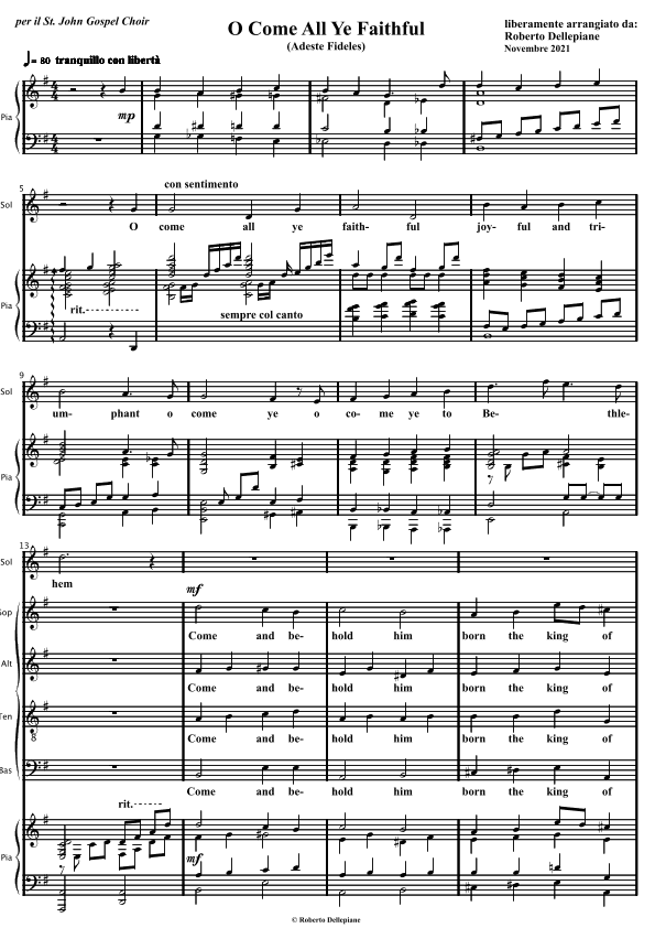O Come All Ye Faithful (Adeste Fideles) for gospel choir a soloist and piano (arr. Roberto Dellepiane)