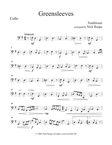 Greensleeves (variations for String Orchestra) Cello part (arr. Nick Raspa)