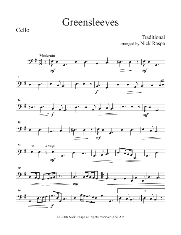 Greensleeves (variations for String Orchestra) Cello part (arr. Nick Raspa)