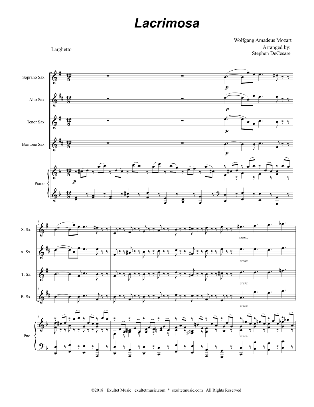 Lacrimosa (Saxophone Quartet and Piano) (arr. Stephen DeCesare)
