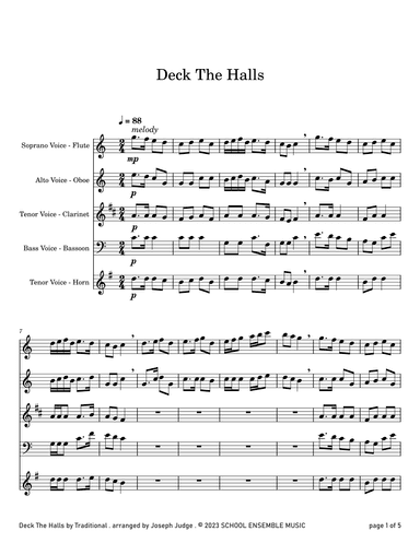 Deck The Halls for Woodwind Quartet in Schools (arr. Joseph Judge)