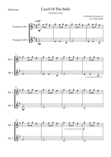 Carol Of The Bells (Christmas Song) for Trumpet in Bb Duo. (arr. Fabio Britto)