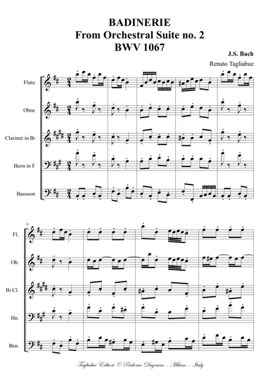 BADINERIE - BWV 1067 . Arr. for Woodwind quintet. With Parts (arr. Renato Tagliabue)