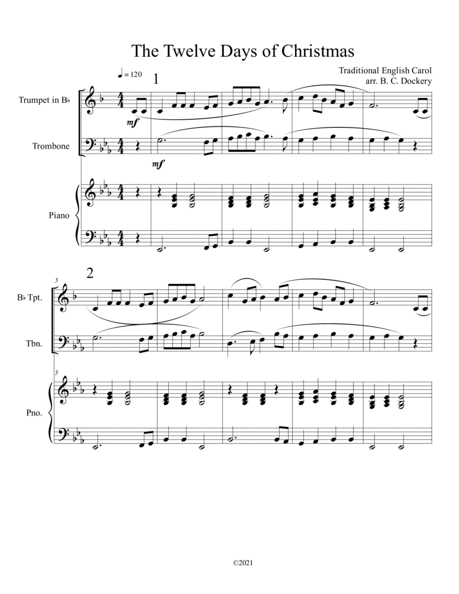 The Twelve Days of Christmas (Trumpet and Trombone Duet with Piano Accompaniment) (arr. B. C. Dockery)