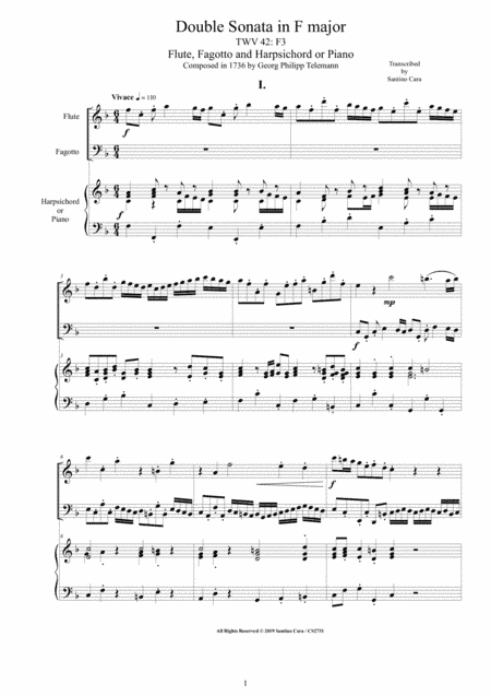 Telemann - Double Sonata in F major TWV 42-F3 for Flute, Fagotto and Harpsichord or Piano (arr. Santino Cara)