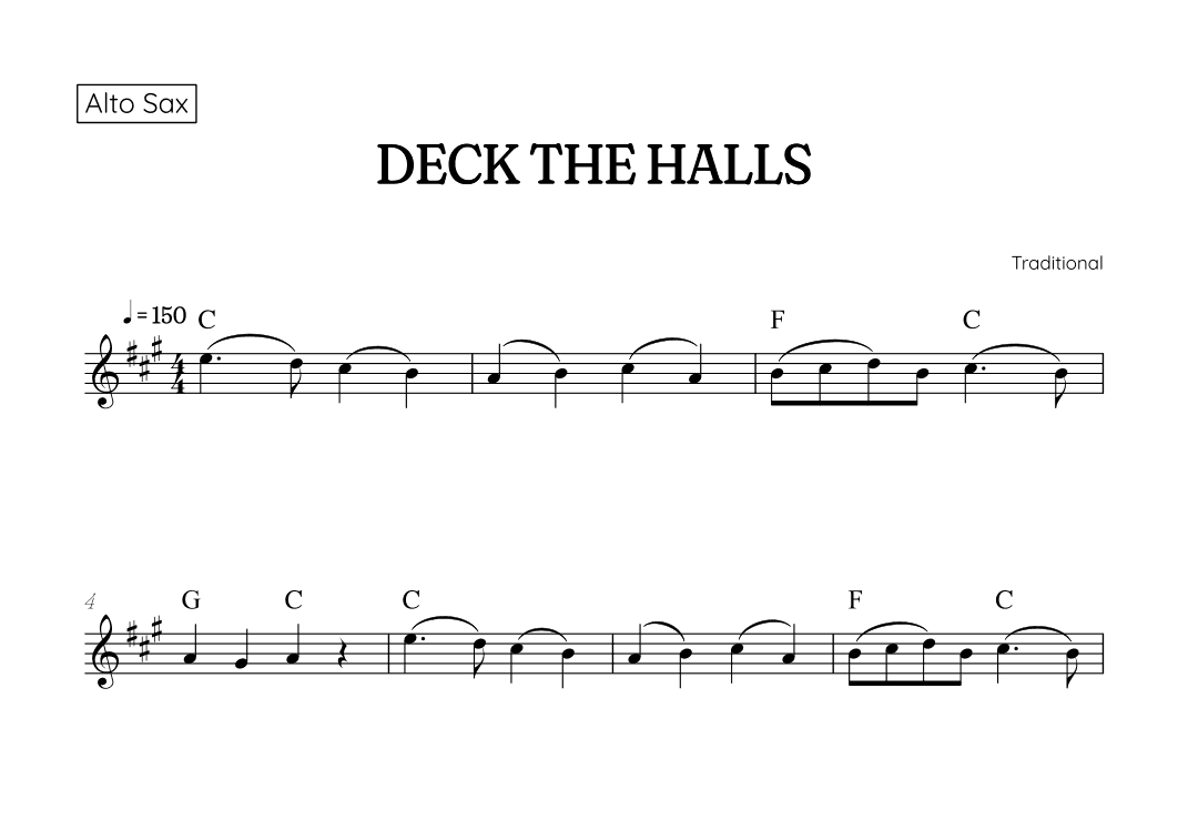 Deck the Halls for alto sax • easy Christmas song sheet music with chords (arr. Benzaiten Editions)