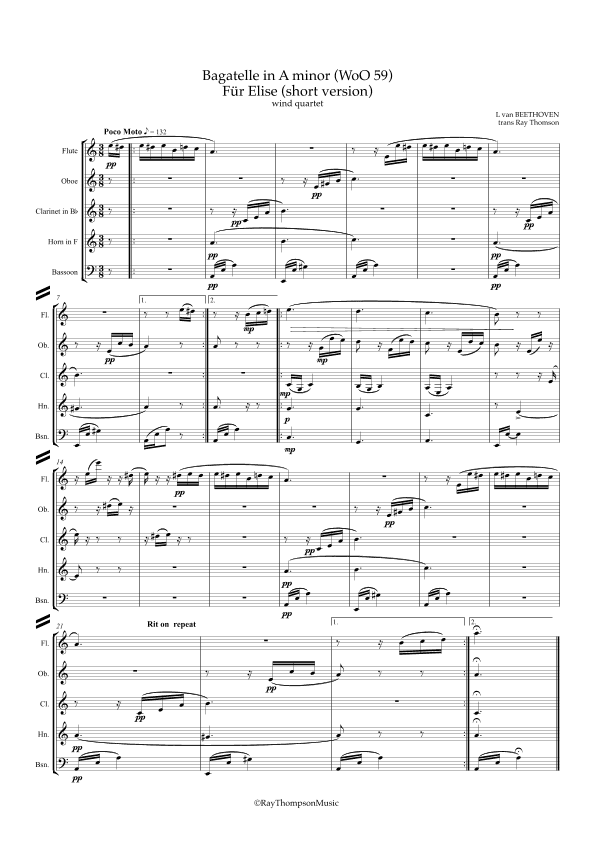 Beethoven: Bagatelle in A minor WoO 59 “Für Elise" (Short version) - wind quartet (arr. Ray Thompson)