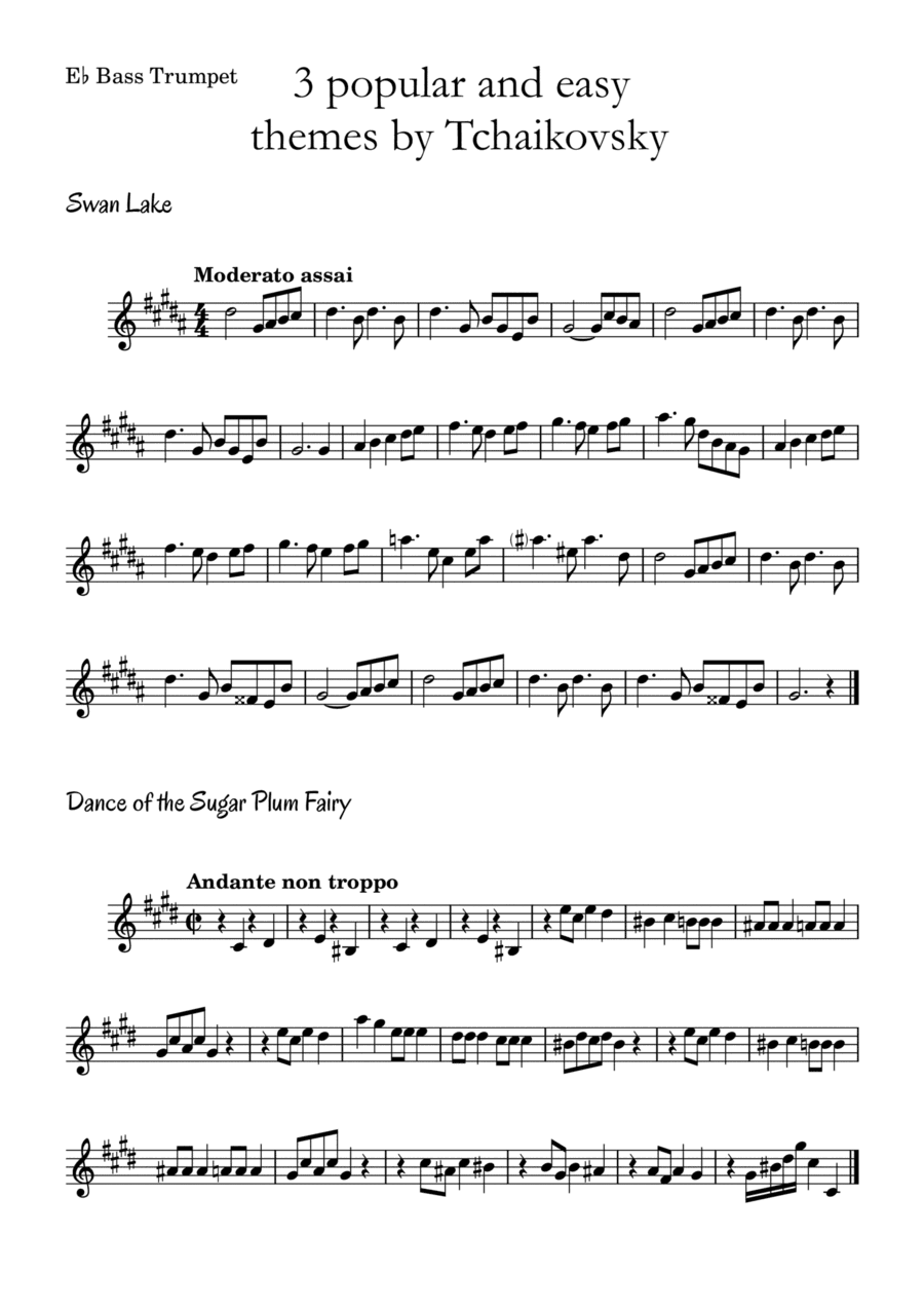 3 popular and easy themes by Tchaikovsky with accompaniment and chord symbols for E? Bass Trumpet (arr. Leyandder Trustworthy)