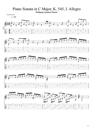 Piano Sonata No. 16 in C major, K. 545 Allegro (Solo Fingerstyle Guitar Tab) (arr. Chris Richter)