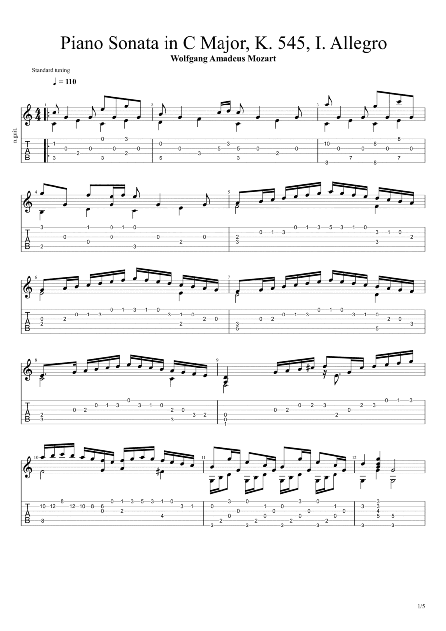 Piano Sonata No. 16 in C major, K. 545 Allegro (Solo Fingerstyle Guitar Tab) (arr. Chris Richter)