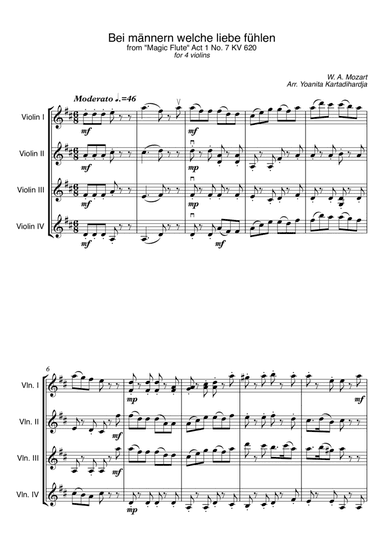 Mozart Magic Flute - Bei Männern welche Liebe fühlen, KV 620 for violin quartet (4 violins) full s (arr. Yoanita Kartadihardja)