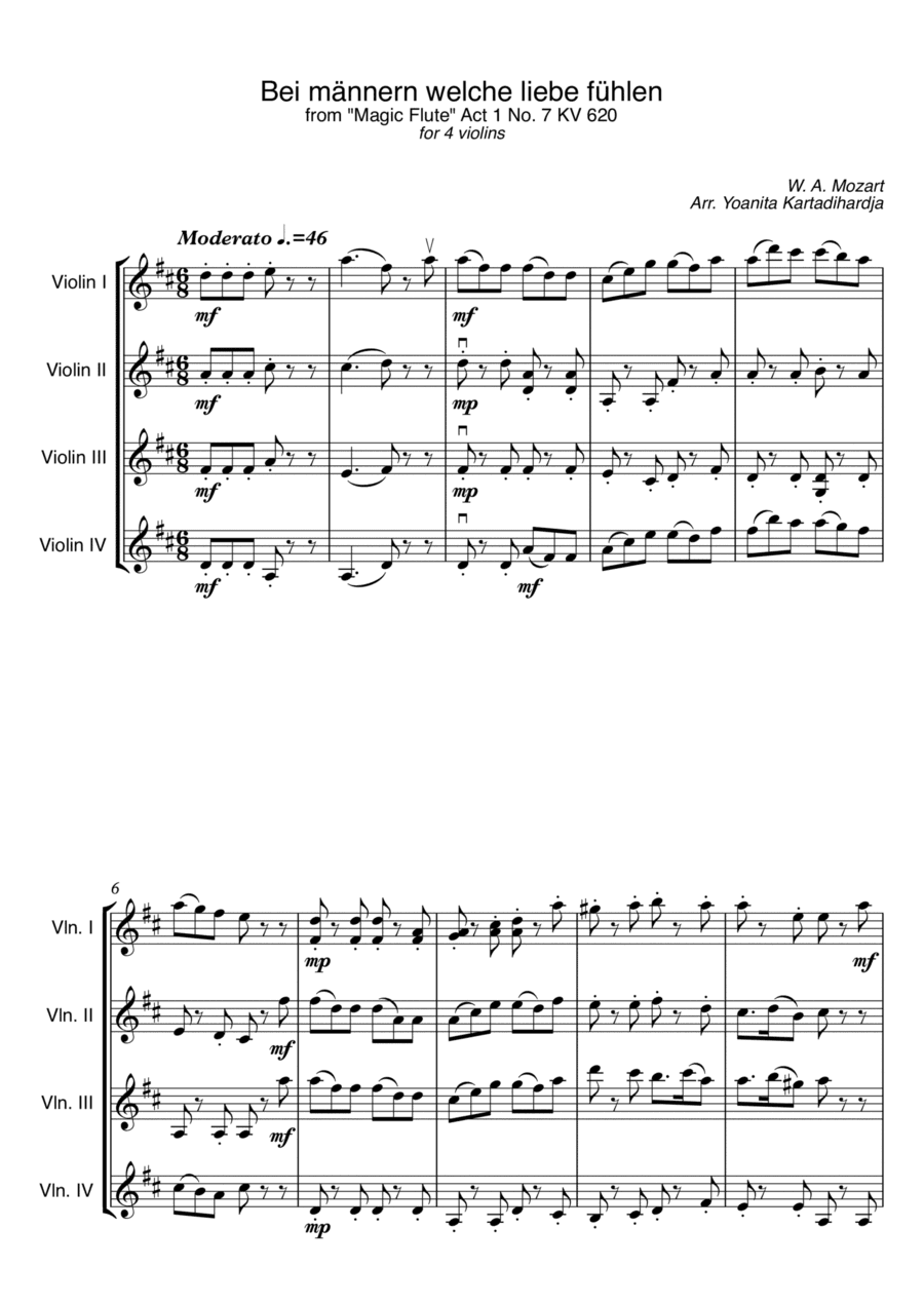Mozart Magic Flute - Bei Männern welche Liebe fühlen, KV 620 for violin quartet (4 violins) full s (arr. Yoanita Kartadihardja)