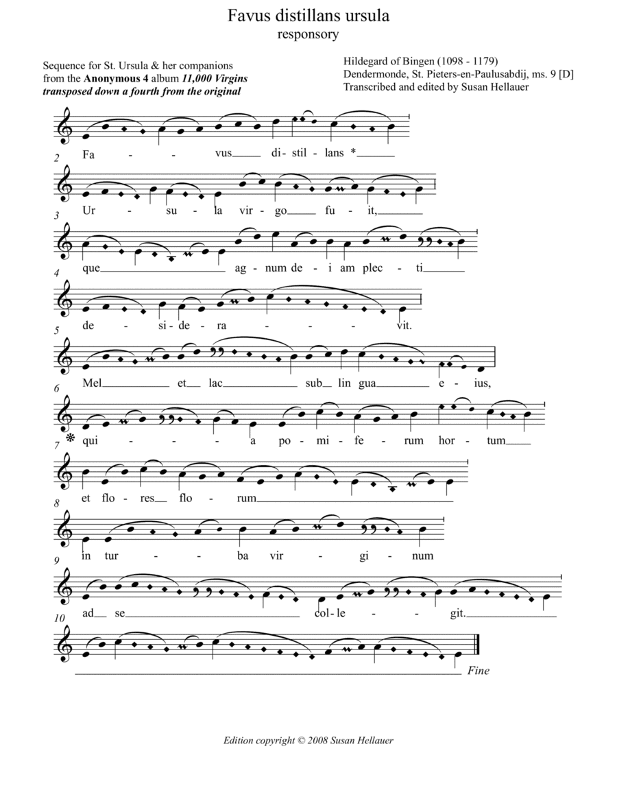 Responsory: Favus distillans ursula, from the Anonymous 4 album "11,000 Virgins" - Score Only (arr. Susan Hellauer)