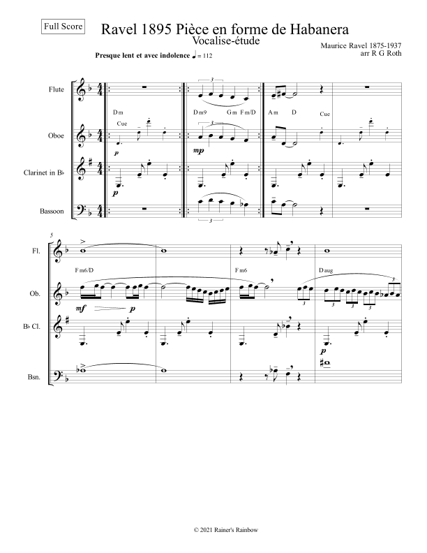 Ravel Vocalise Etude En Form Habanera Woodwind Quartet (Oboe Solo) (arr. R G Roth)
