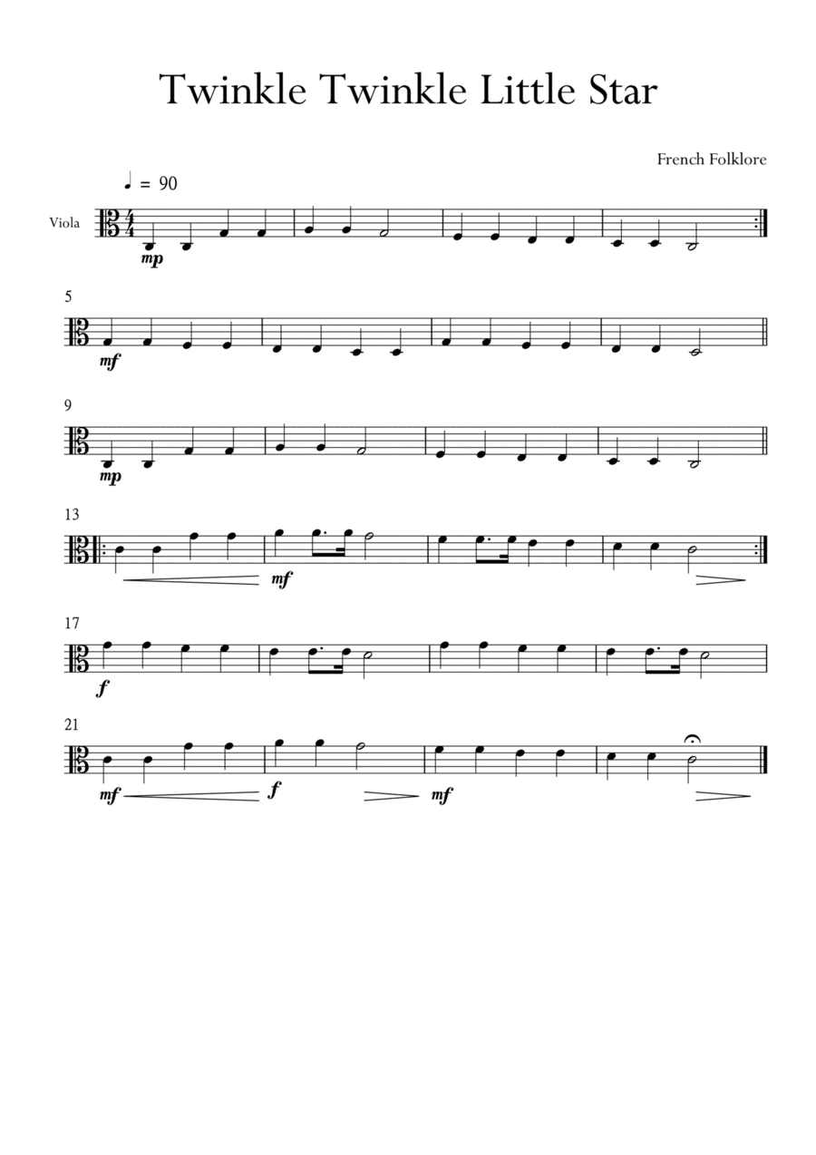 Twinkle Twinkle Little Star in C Major for Viola. Very Easy. (arr. Matheus Araújo)