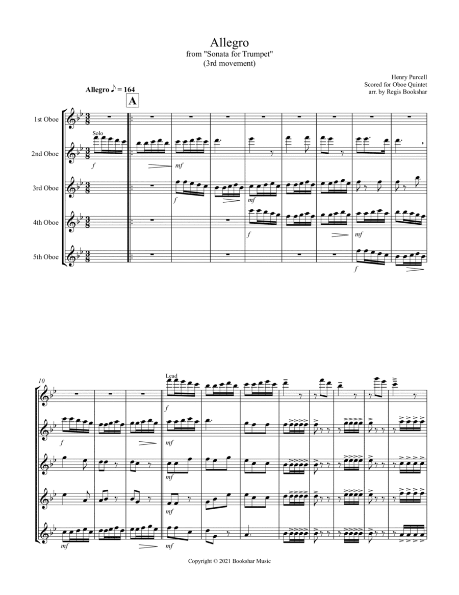 Allegro (from "Sonata for Trumpet") (Bb) (Oboe Quintet) (arr. Regis Bookshar)