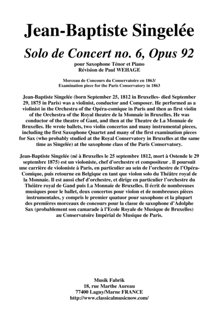 Jean-Baptiste Singelée: Solo de Concert no. 6, Opus 92 pour Saxophone Ténor et Piano (arr. Musik Fabrik Music Publishing)