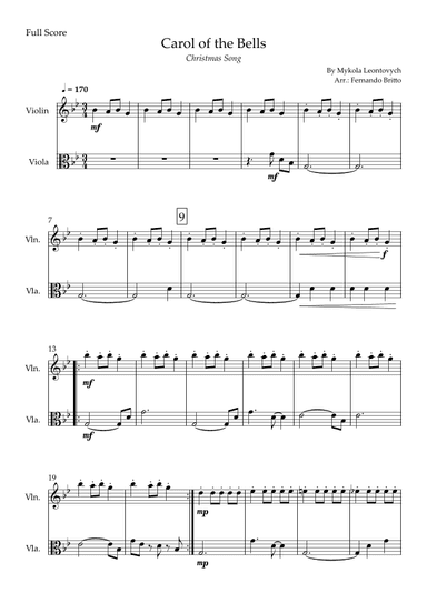 Carol of the Bells in Jazz Version (Christmas Song) for Violin & Viola Duo (arr. Fabio Britto)