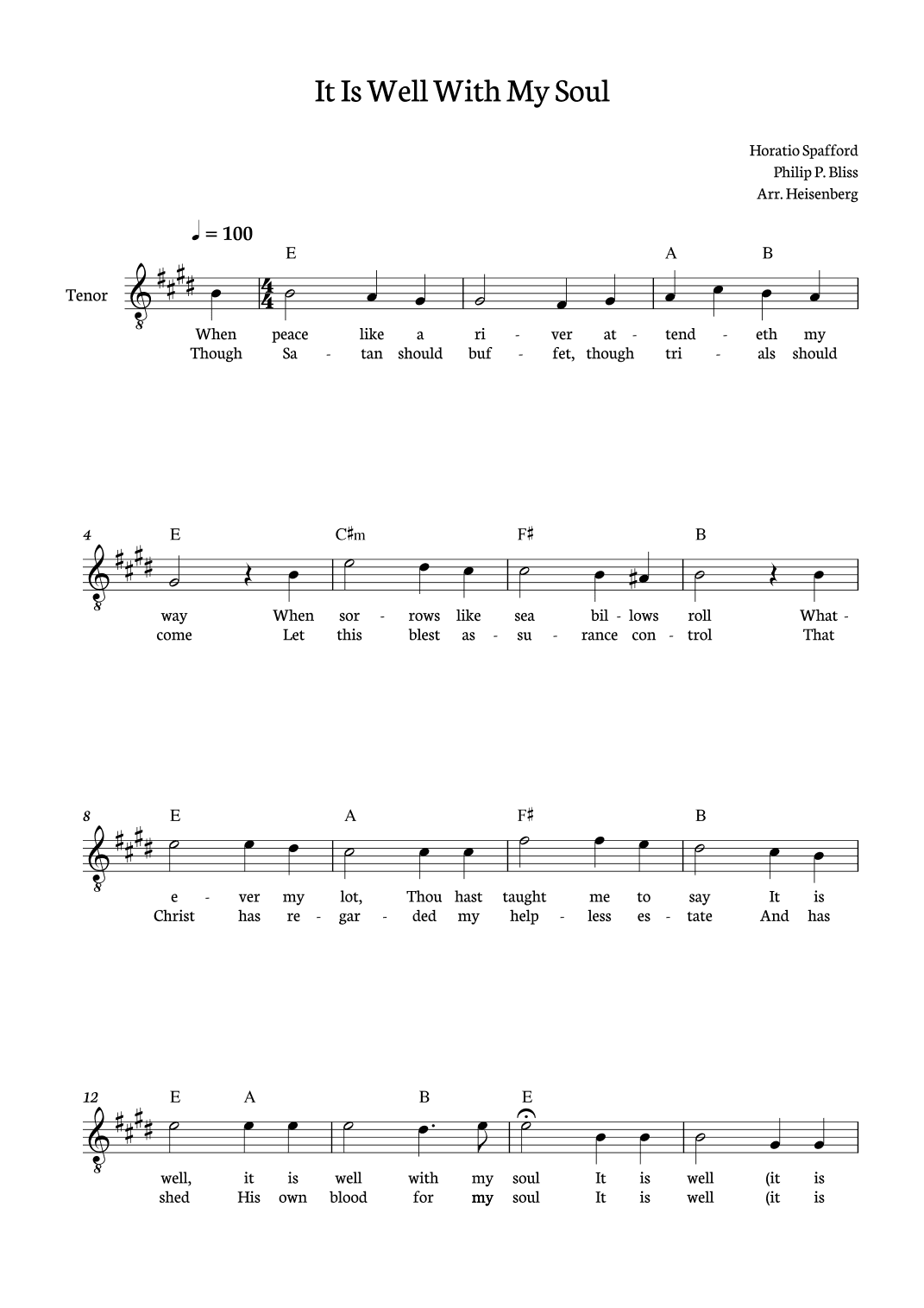 It Is Well With My Soul - Tenor in E with lyrics and chords (arr. Heisenberg)