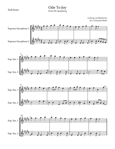 Ode To Joy Theme (from Beethoven's 9th Symphony) for Soprano Saxophone Duo (arr. Fernando Britto)