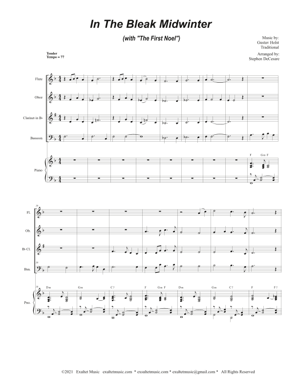 In The Bleak Midwinter (with "The First Noel") (Woodwind Quartet and Piano) (arr. Stephen DeCesare)