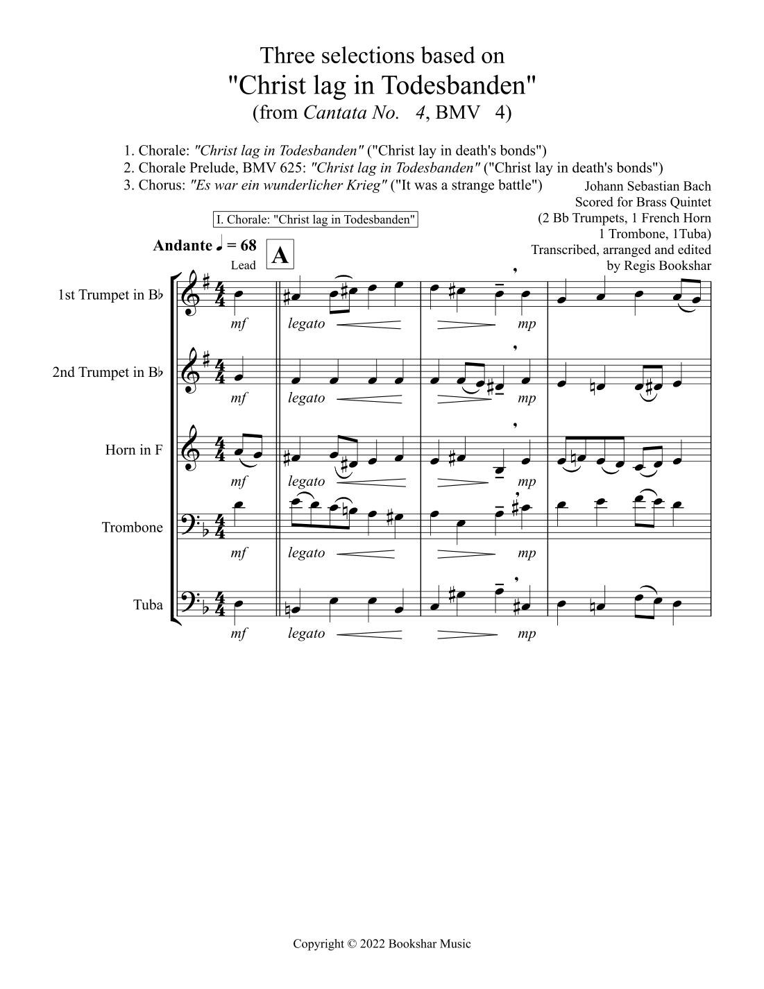 Three selections based on "Christ lag in Todesbanden" (Brass Quintet - 2 Trp, 1 Hrn, 1 Trb, 1 Tuba) (arr. Regis Bookshar)
