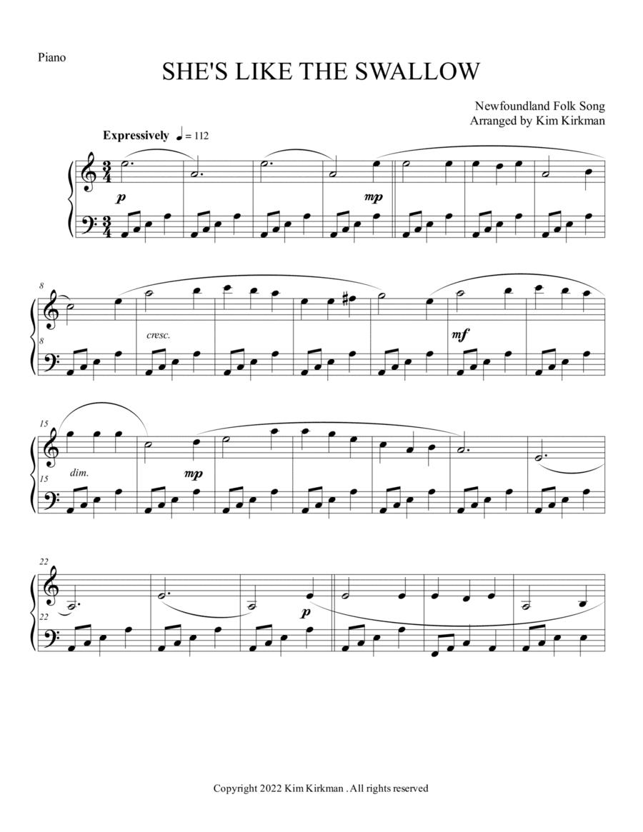 She's Like the Swallow - eerie folk song - for solo piano - in A minor - only 1 F# black key require (arr. Kim Kirkman)