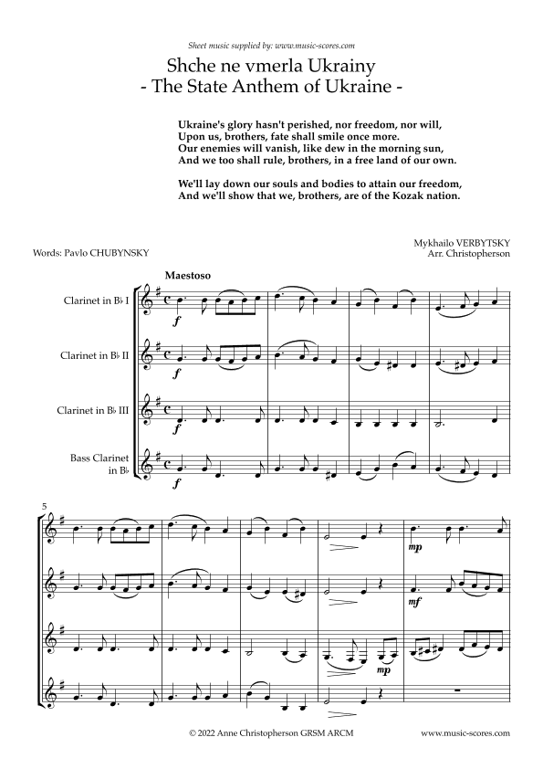 Shche ne verla Ukrainy: The State Anthem of Ukraine - Clarinet Quartet (arr. Anne L Christopherson GRSM ARCM)