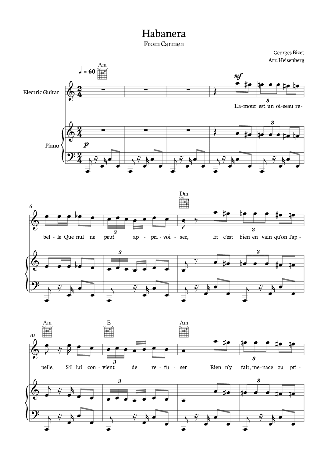 Habanera from Carmen for Eletric Guitar with piano and chords. (arr. Heisenberg)