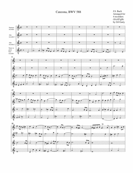 Canzona, BWV 588 (arrangement for 4 recorders) (arr. Gil Garty)