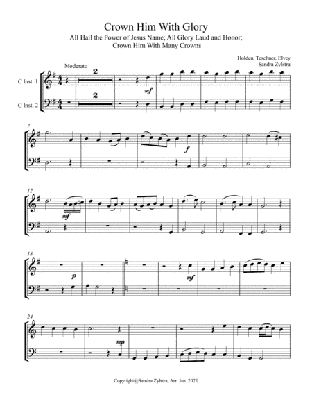 Crown Him With Glory (treble & bass C instrument duet, parts only) (arr. Sandra Zylstra)