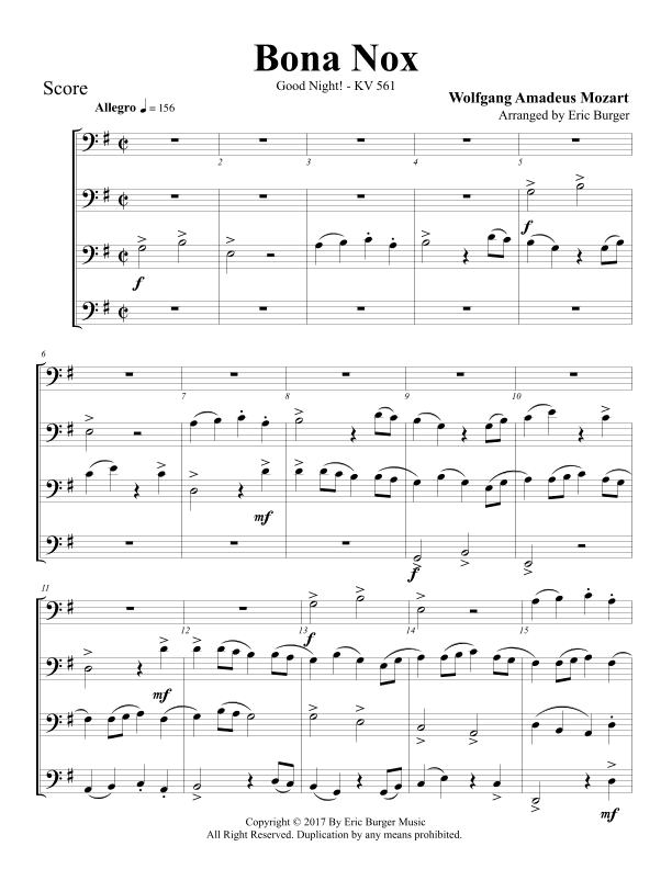 Bona Nox for Trombone or Low Brass Quartet (arr. Eric Burger Music)
