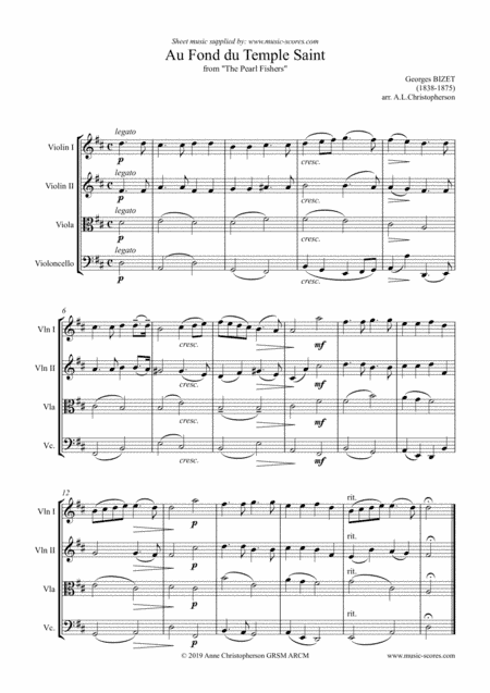 Au Fond du Temple Saint: theme only, from The Pearl Fishers: String Quartet (arr. Anne Christopherson GRSM ARCM)