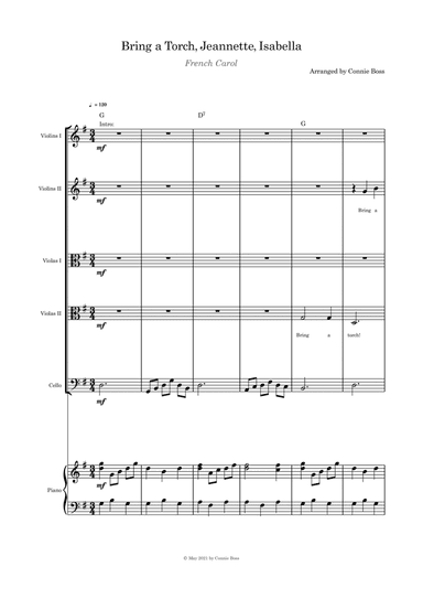 Bring a Torch, Jeanette, Isabella - String quintet and piano with parts (arr. Connie Boss)