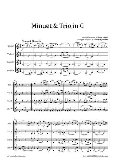 PLEYEL : Easy Minuet & Trio for violin quartet (arr. Cornelis Jordaan)