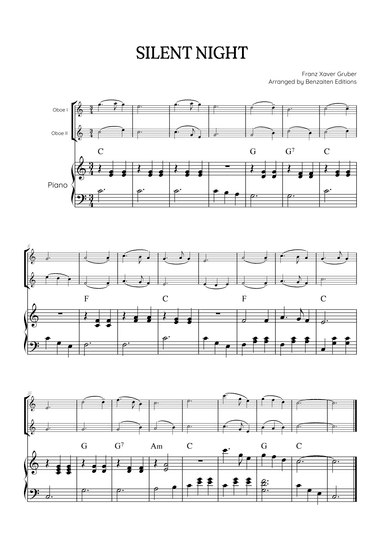 Silent Night for oboe duet with piano accompaniment • easy Christmas song sheet music (w/ chords) (arr. Benzaiten Editions)