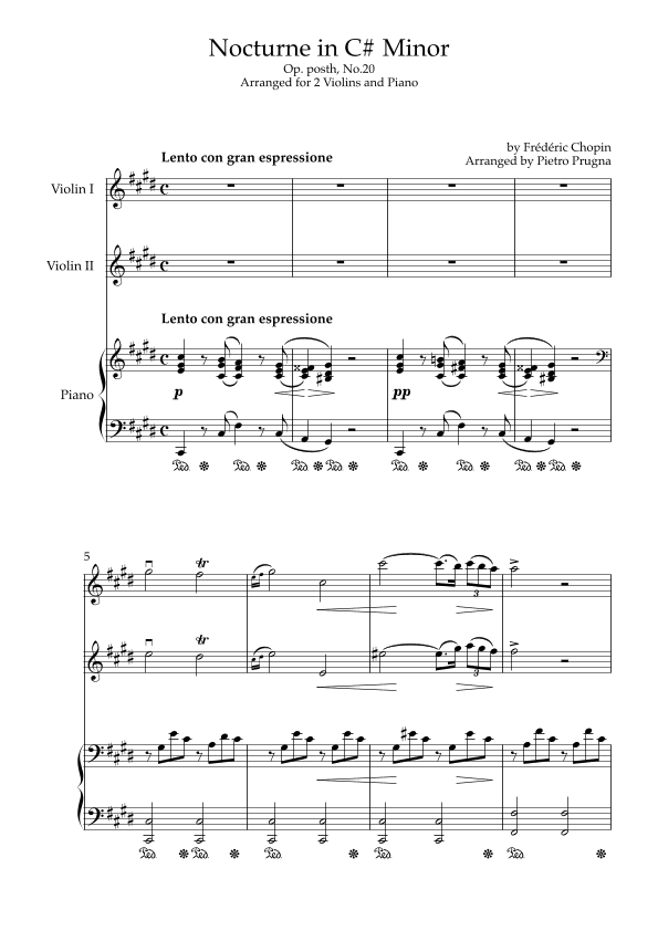 Nocturne in C#min (Op. post, No. 20) - arr. for 2 Violins and Piano ("I'll Second This" Series) (arr. Pietro Prugna)