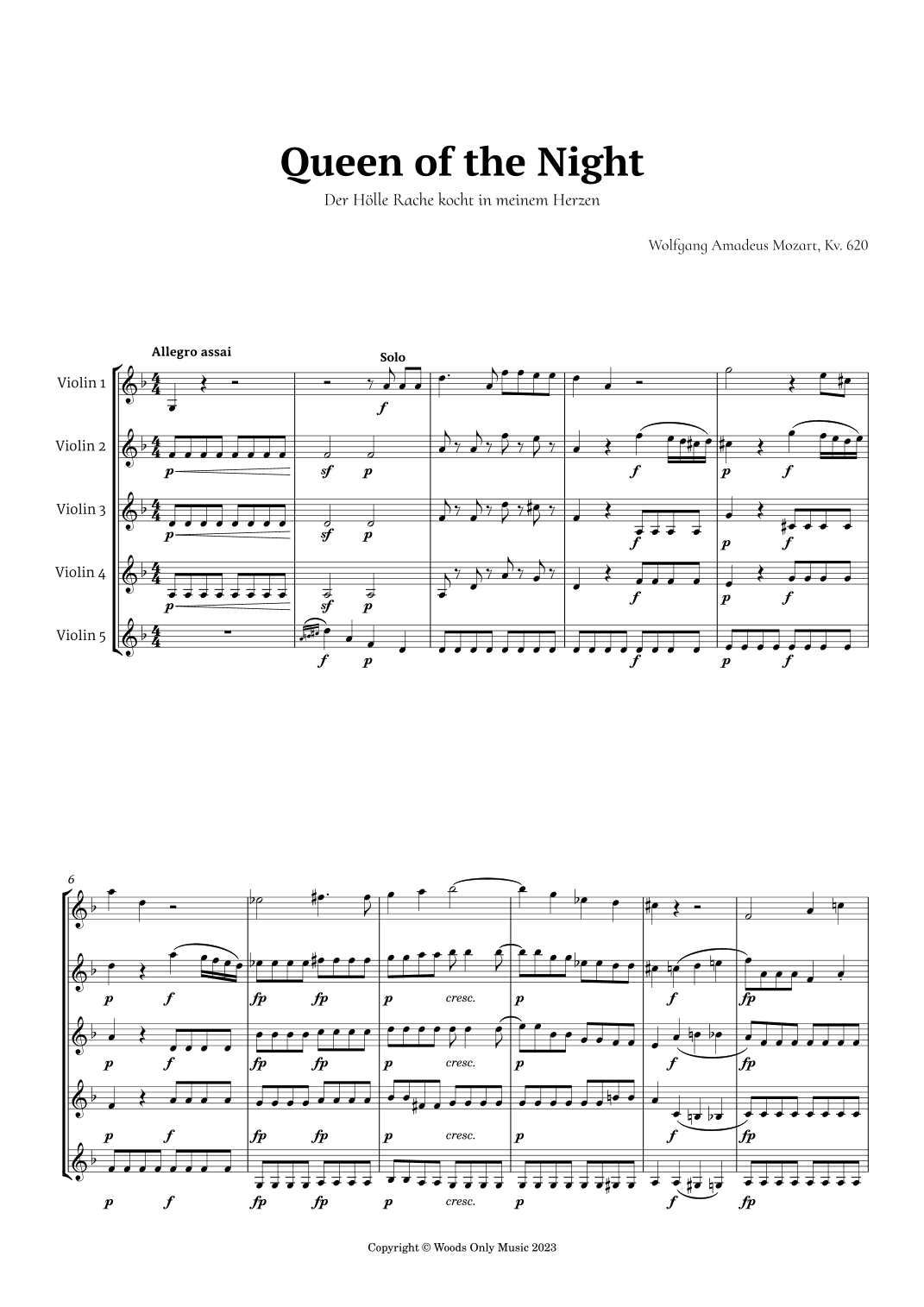Queen of the Night Aria by Mozart for Violin Quintet (arr. Ander)