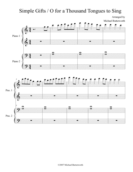 Simple Gifts / O for a Thousand Tongues to Sing (piano duet) (arr. Michael Butterworth)