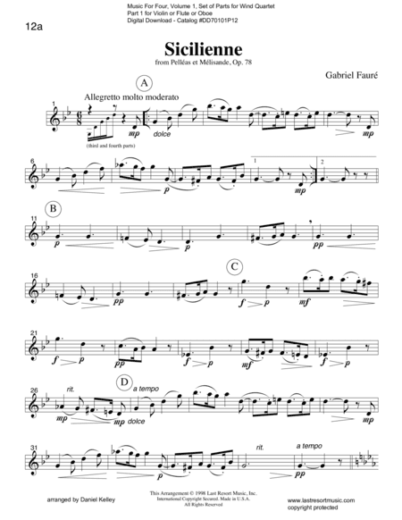 Sicilienne from Pelleas et Melisande (Wind Quartet or Mixed Quartet) (arr. Daniel Kelley)