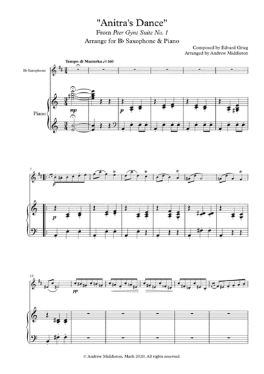 Anitra's Dance from Peer Gynt arranged for B Flat Saxophone and Piano (arr. Andrew Middleton)