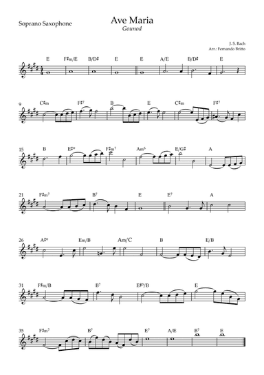 Ave Maria (Gounod) for Soprano Saxophone Solo with Chords (D Major) (arr. Fernando Britto)