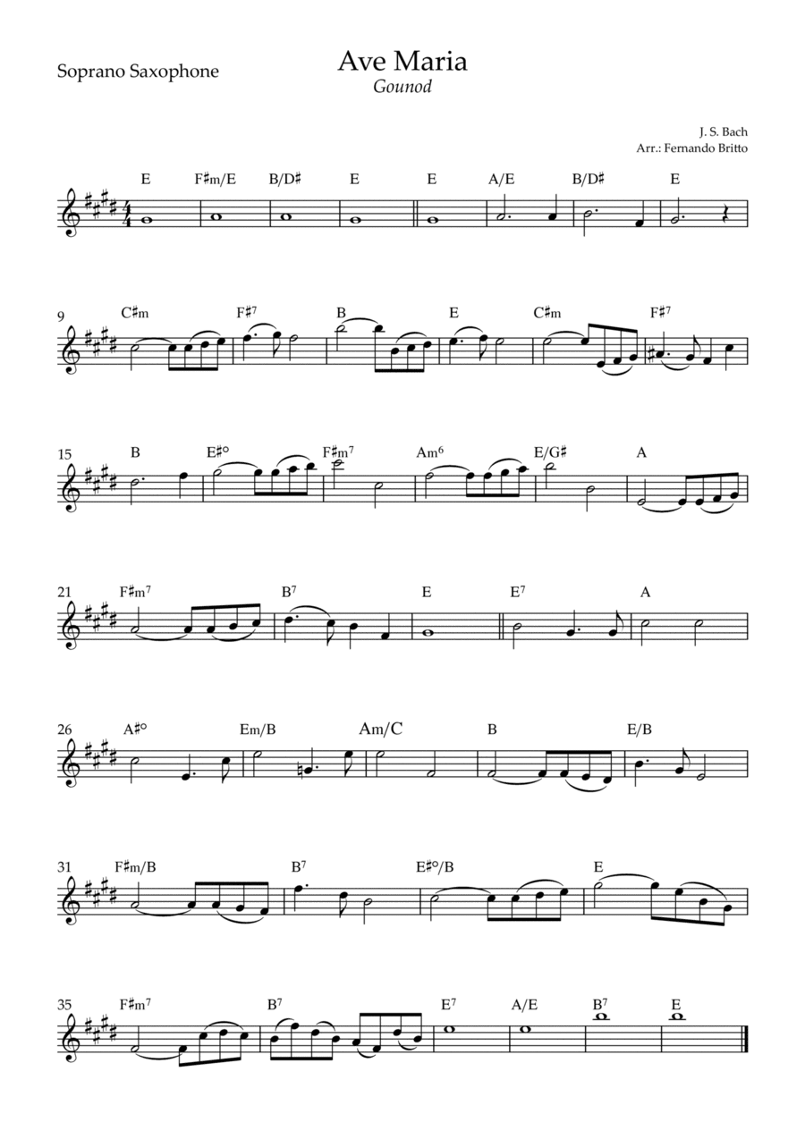 Ave Maria (Gounod) for Soprano Saxophone Solo with Chords (D Major) (arr. Fernando Britto)